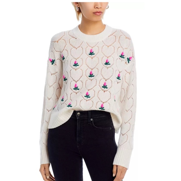Luxurious 100% Cashmere Pointelle Embroidered Crewneck Sweater By Aqua in Ivory - Picture 3 of 8